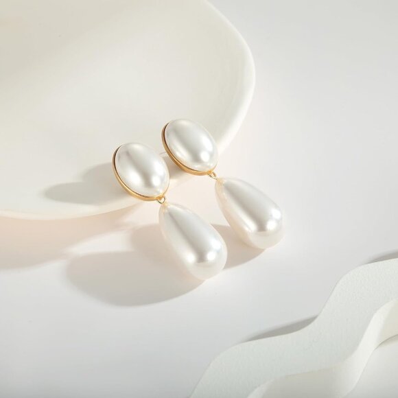 Pearl Drop Earrings Women Vintage Dangle Statement Gold Jewelry Large - Picture 4 of 7